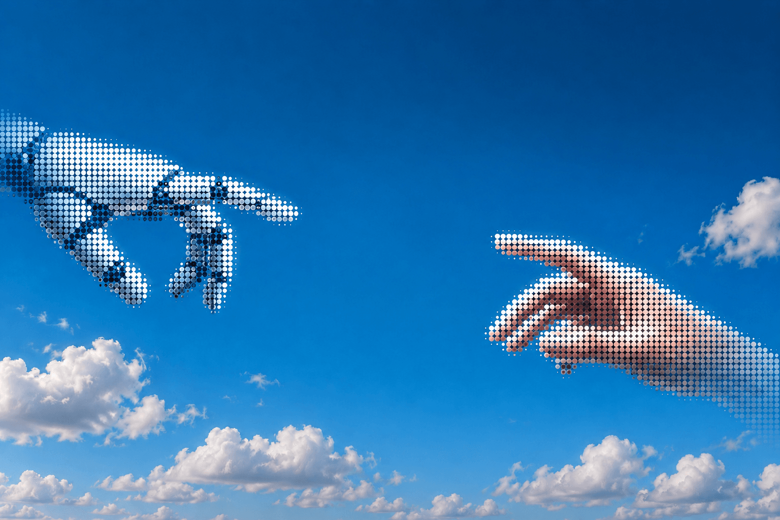 Zwei Hände, eine menschliche und eine digitale, die sich einander annähern